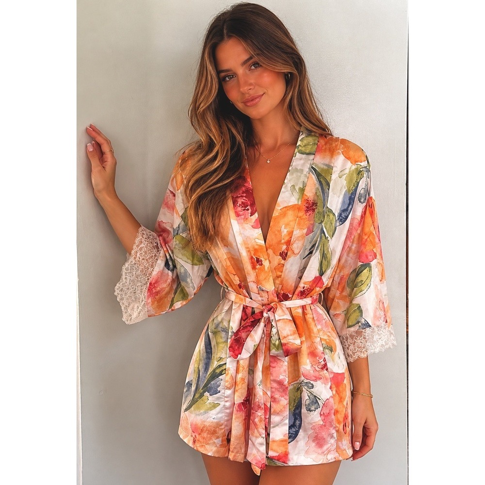 Linea Donatella Robe Womens S/M Watercolor Floral Satin Lace Trim Belted Kimono